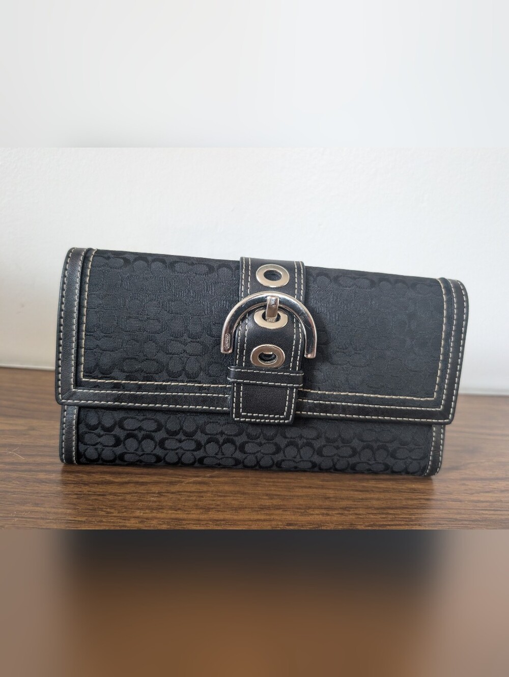 Coach Signature Black Leather & Canvas Silver Buckle Button Long Wallet